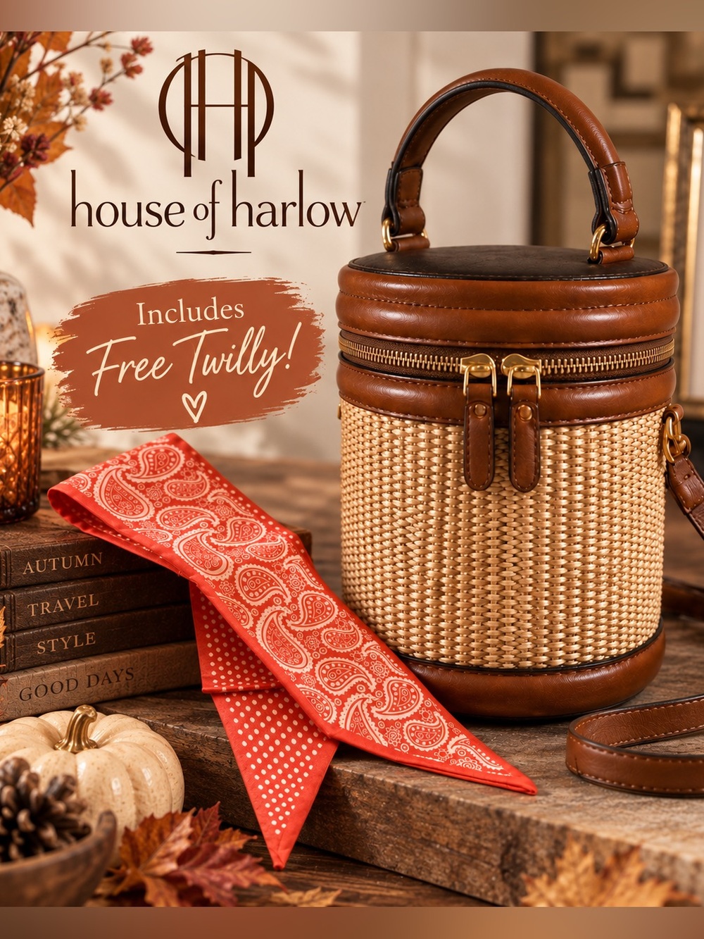 NWT House of Harlow 1960 Woven Bucket Vanity Crossbody Bag Brown Natural